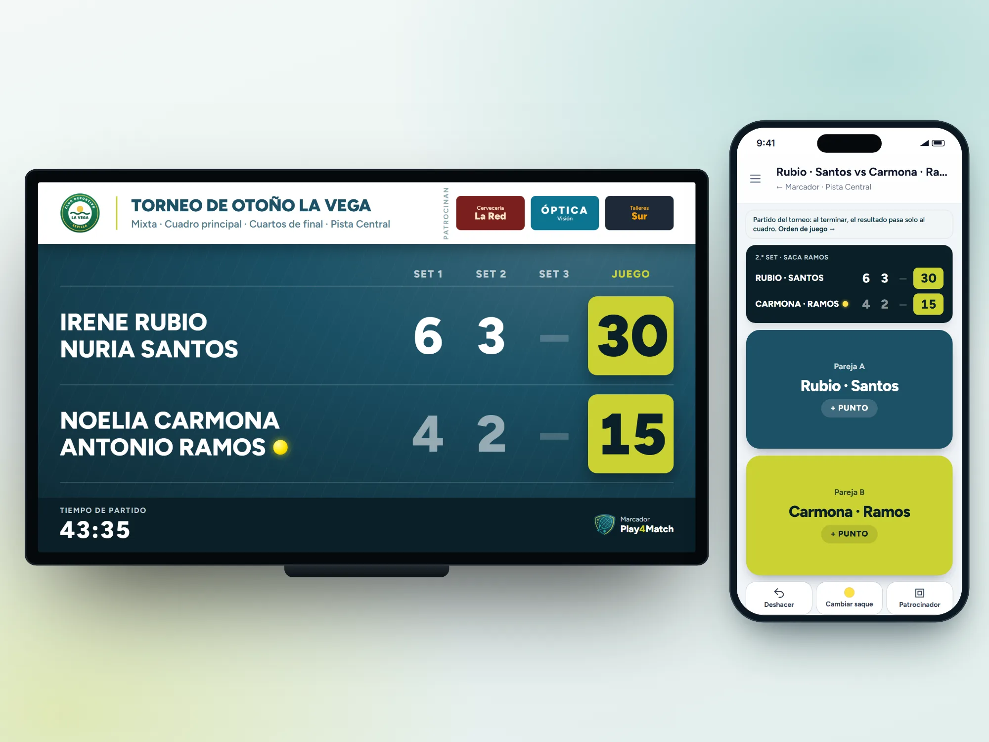 El marcador de un partido en la tele de la pista y el mando en el móvil